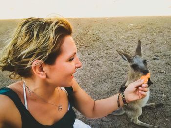 Close-up of woman with dog