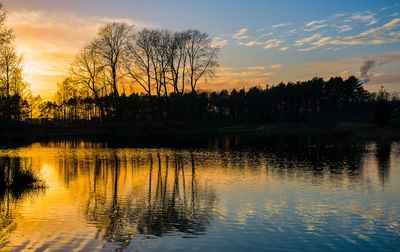 Reflection of silhouette trees in lake at sunset