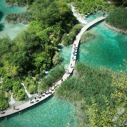 High angle view of people on boardwalk at plitvice lakes national park