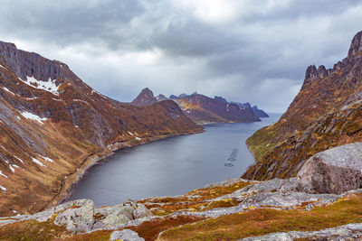 Scenic view of lake and mountains against sky