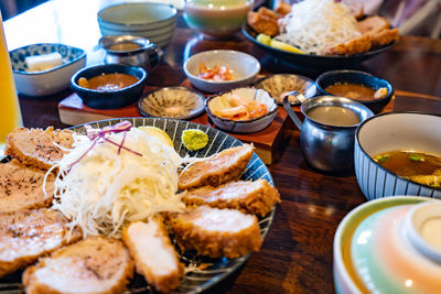 High angle view of breakfast served on table