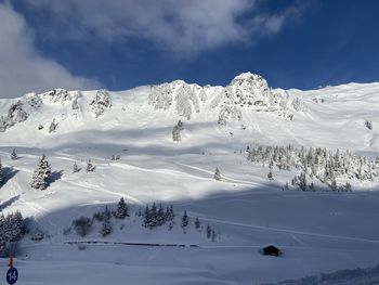 Scenic view of snowcapped mountains against sky