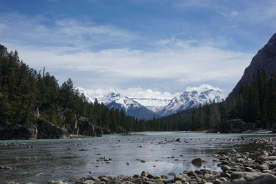 Scenic view of river by mountains against sky