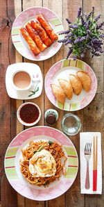 High angle view of breakfast served on table