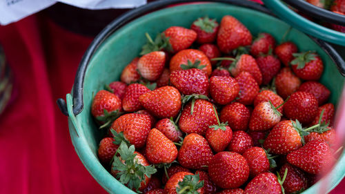 High angle view of strawberries in bowl