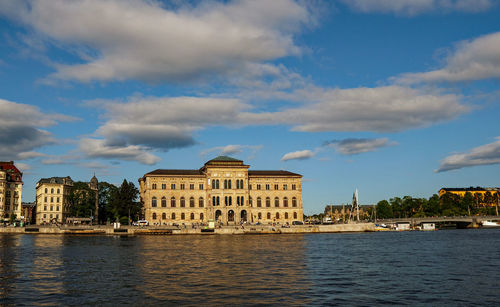 View of buildings by river against cloudy sky