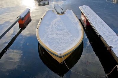 High angle view of boats moored on river