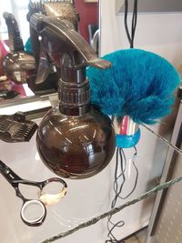 High angle view of glass jar on table at home