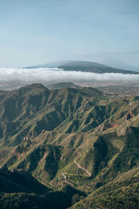 Aerial view of snowcapped mountains against sky