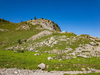 Scenic view of mountains against clear blue sky