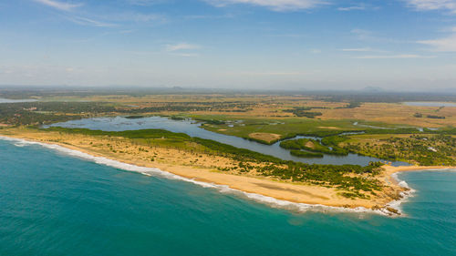 View from the sea to the coastline with the beach, river and agricultural land. whiskey point