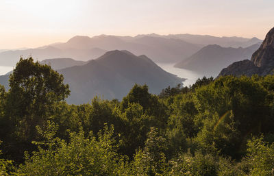 Scenic view of mountains against sky during sunset