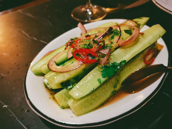 High angle view of food in plate