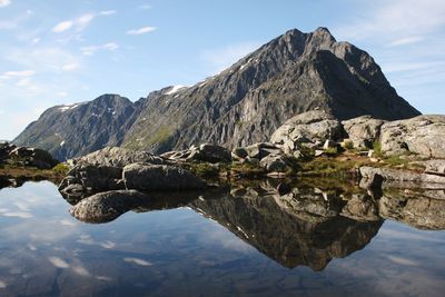 Scenic view of lake and mountains against sky