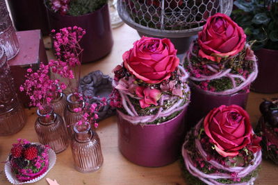 High angle view of pink roses on table