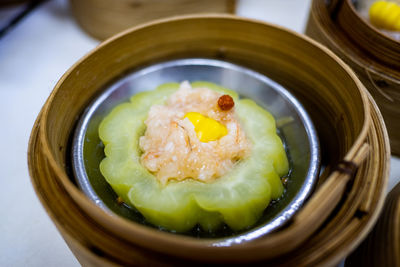 High angle view of rice in bowl on table