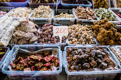 High angle view of food for sale at market stall