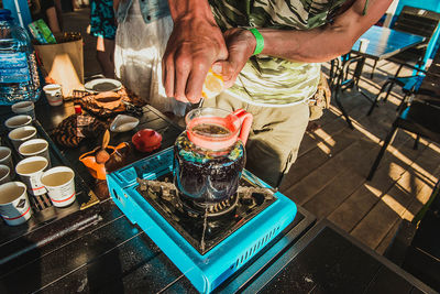 High angle view of drink on table at market stall