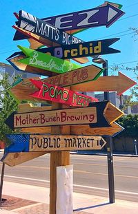 Low angle view of sign board against cloudy sky