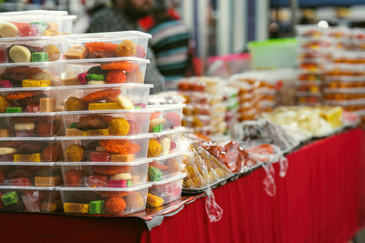 Indian assorted sweets or mithai for sale during deepavali or diwali festival at the market.