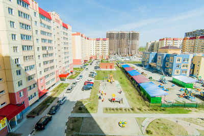 High angle view of buildings in city