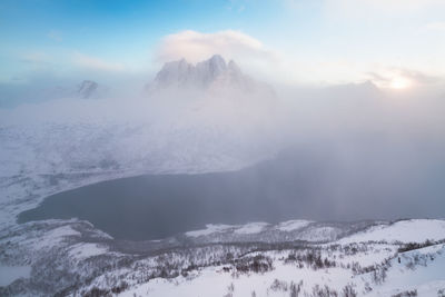 Scenic view of snow covered mountains against sky