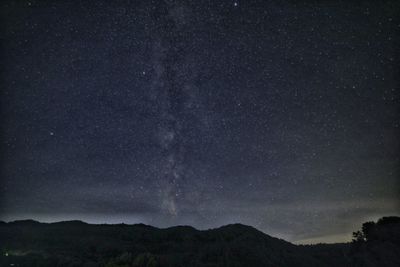 Scenic view of silhouette mountain against star field at night