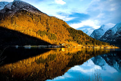 Scenic view of lake and mountains against sky