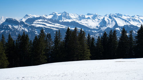 Scenic view of snow covered mountains against sky