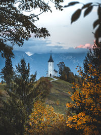 Jamnik church st primus and felician at sunset, slovenia. foot path to the church on hill.