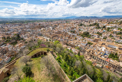 High angle view of cityscape against cloudy sky