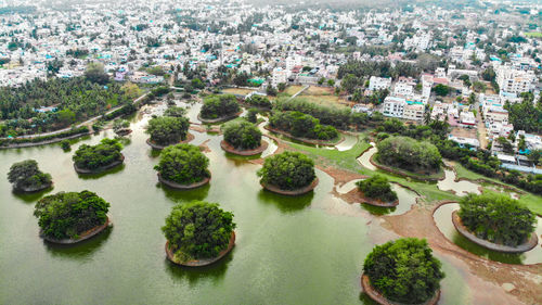 High angle view of buildings in city