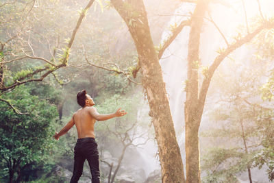 Man standing by tree in forest