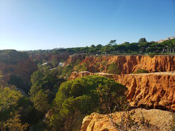 Rock formations on landscape against clear sky