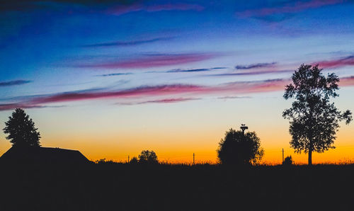 Silhouette trees on field against sky at sunset