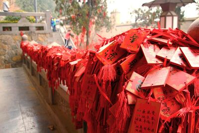 Close-up of decorations by temple