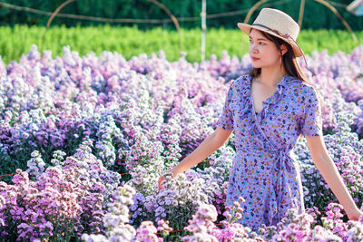 Woman with pink flowers