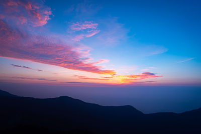 Scenic view of silhouette mountains against sky during sunset