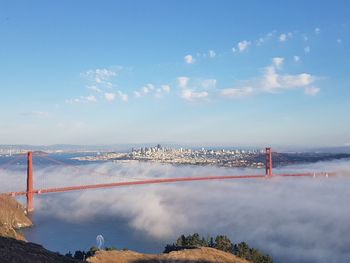 Suspension bridge over sea against sky