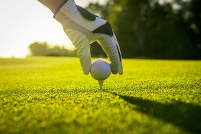 Low section of man playing golf on field