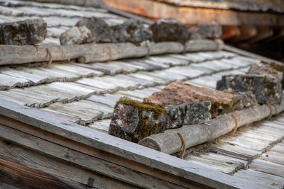 High angle view of damaged roof on table