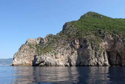 Scenic view of sea against clear blue sky