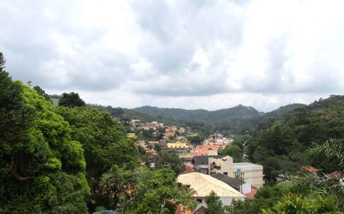 Houses by trees against sky