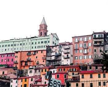 Low angle view of buildings against clear sky