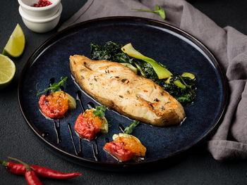 High angle view of food in plate on table