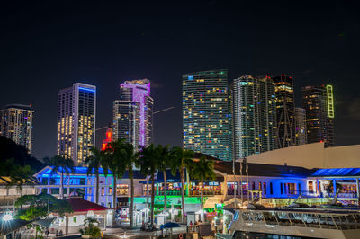 Illuminated buildings in city at night