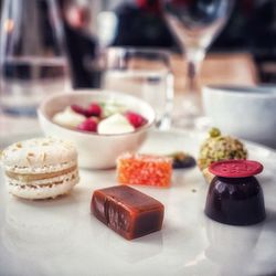 Close-up of dessert served on table