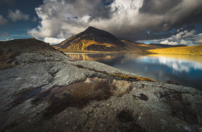 Scenic view of lake by mountains against sky