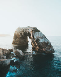 Rock formations in sea against clear sky