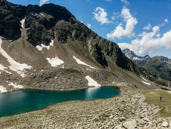 Scenic view of lake by mountains against sky